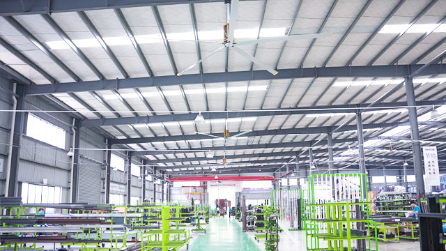 Industrial ceiling fans in door and window manufacturing factory